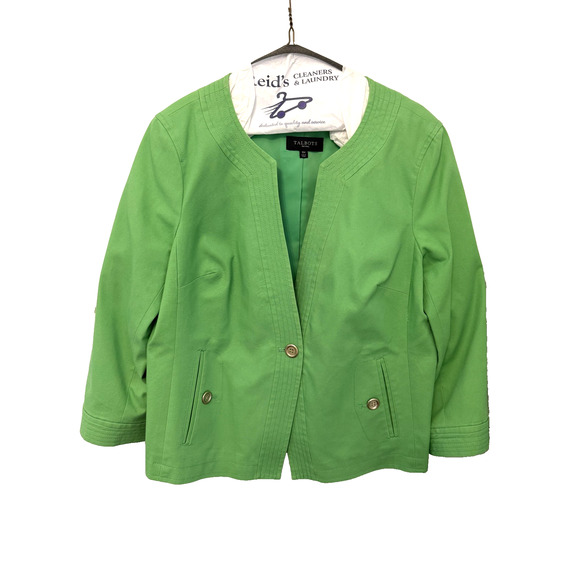 Talbots Blazer Womens 16P Green Collarless Open Front Petite Career Lined Office - Picture 2 of 8